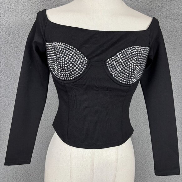 Forever 21 Women's Off-Shoulder Long Sleeve Cropped Top Rhinestone Black XS NWTs - Picture 2 of 8